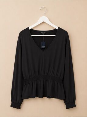 Lucky Brand Black V-Neck Smocked Peplum Long Sleeve Top NWT